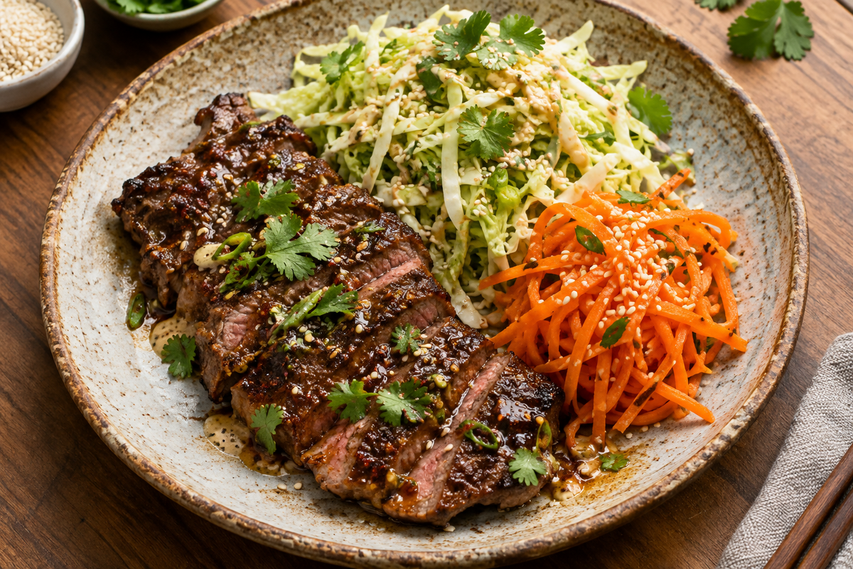 Chinese Lamb Steak with Cabbage, Pickled Carrot & Sesame Salad