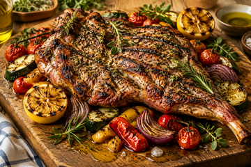 Greek Style Butterflied Leg of Lamb with Roasted Vegetables & Grilled Lemon