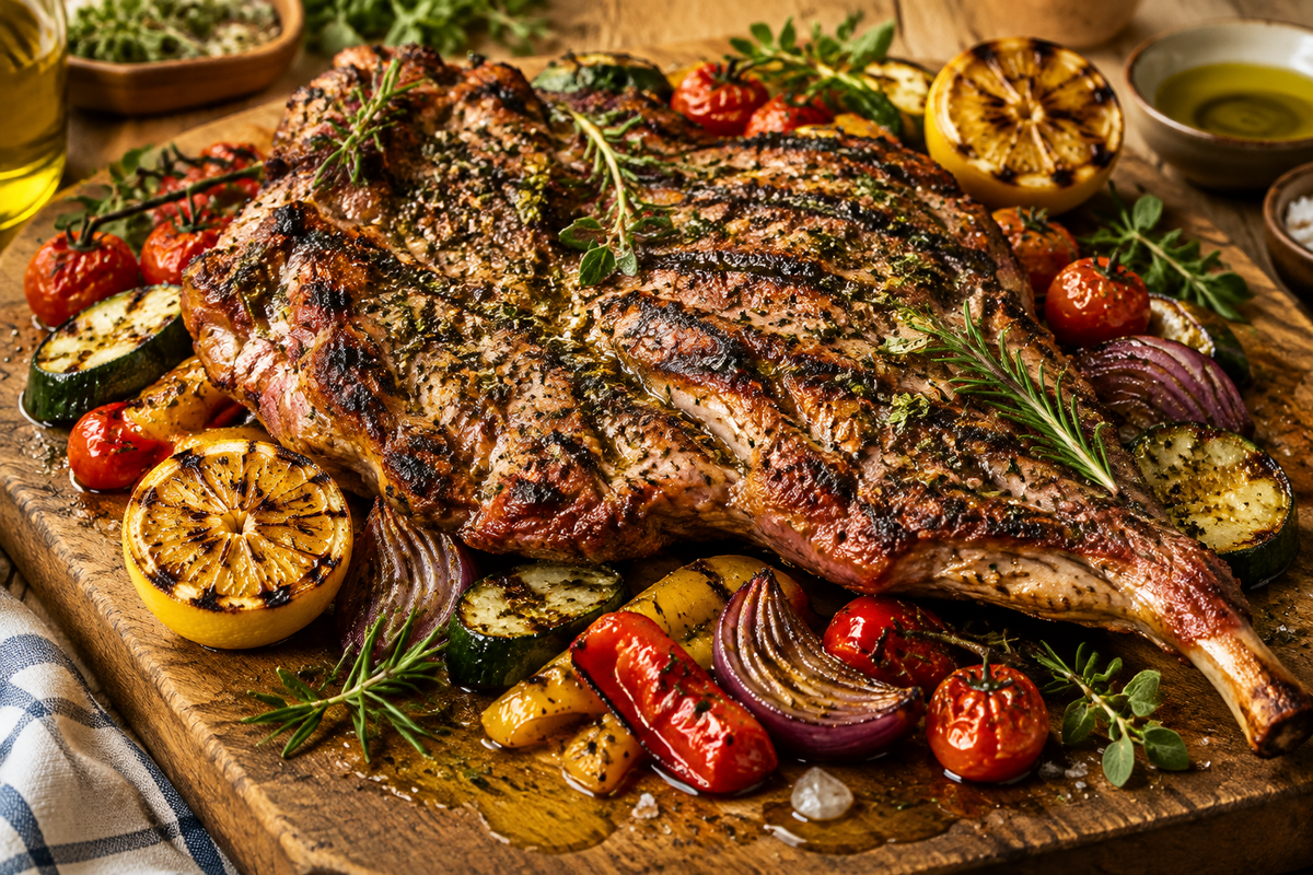 Greek Style Butterflied Leg of Lamb with Roasted Vegetables & Grilled Lemon