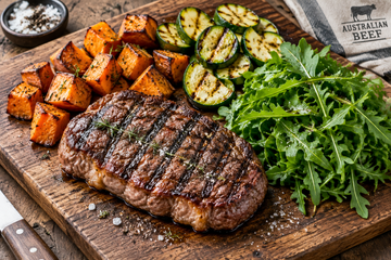Grilled Beef Sirloin, Sweet Potato, Zucchini & Rocket Salad