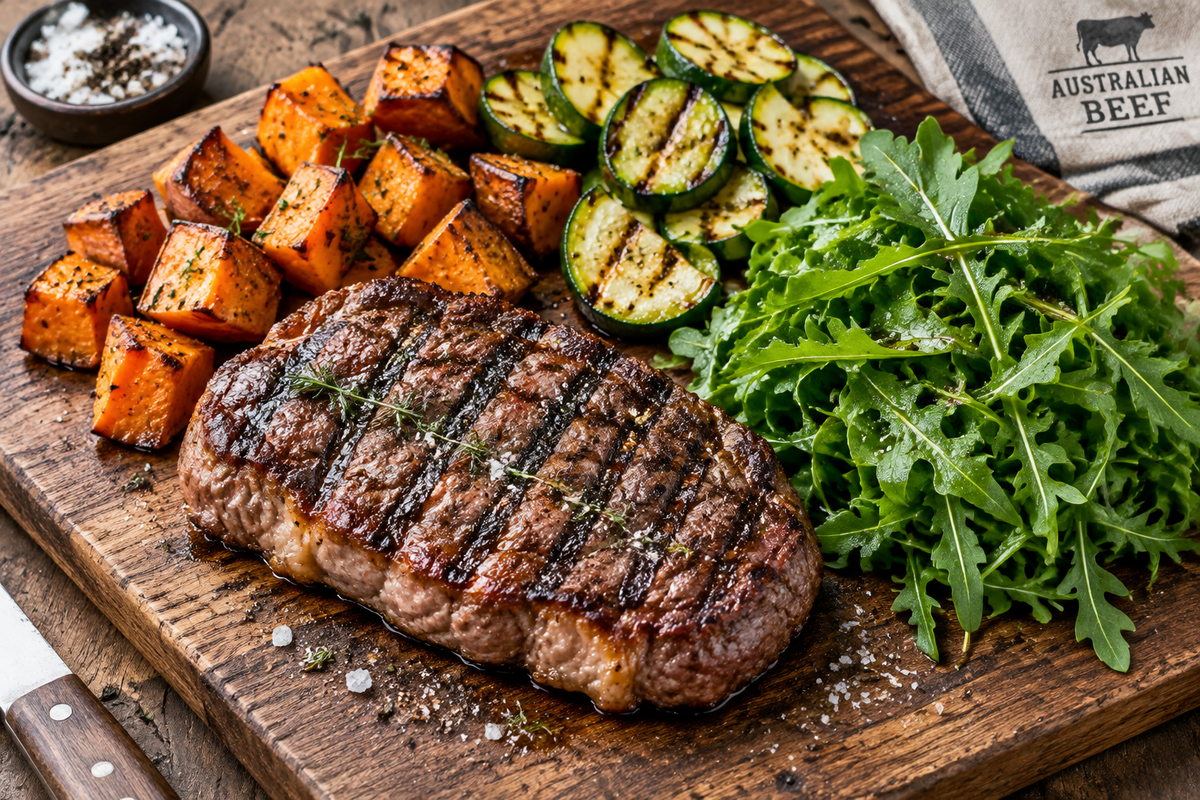 Grilled Beef Sirloin, Sweet Potato, Zucchini & Rocket Salad