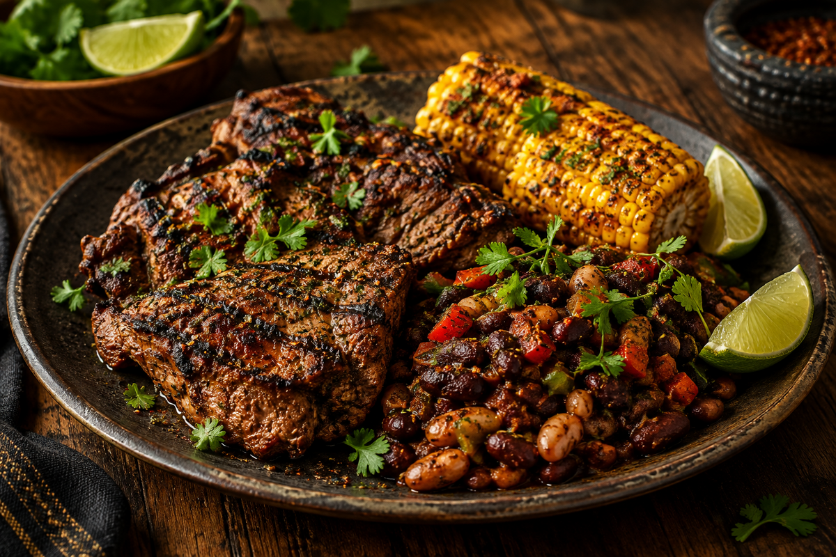 Jerk Veal with Spiced Corn & Beans