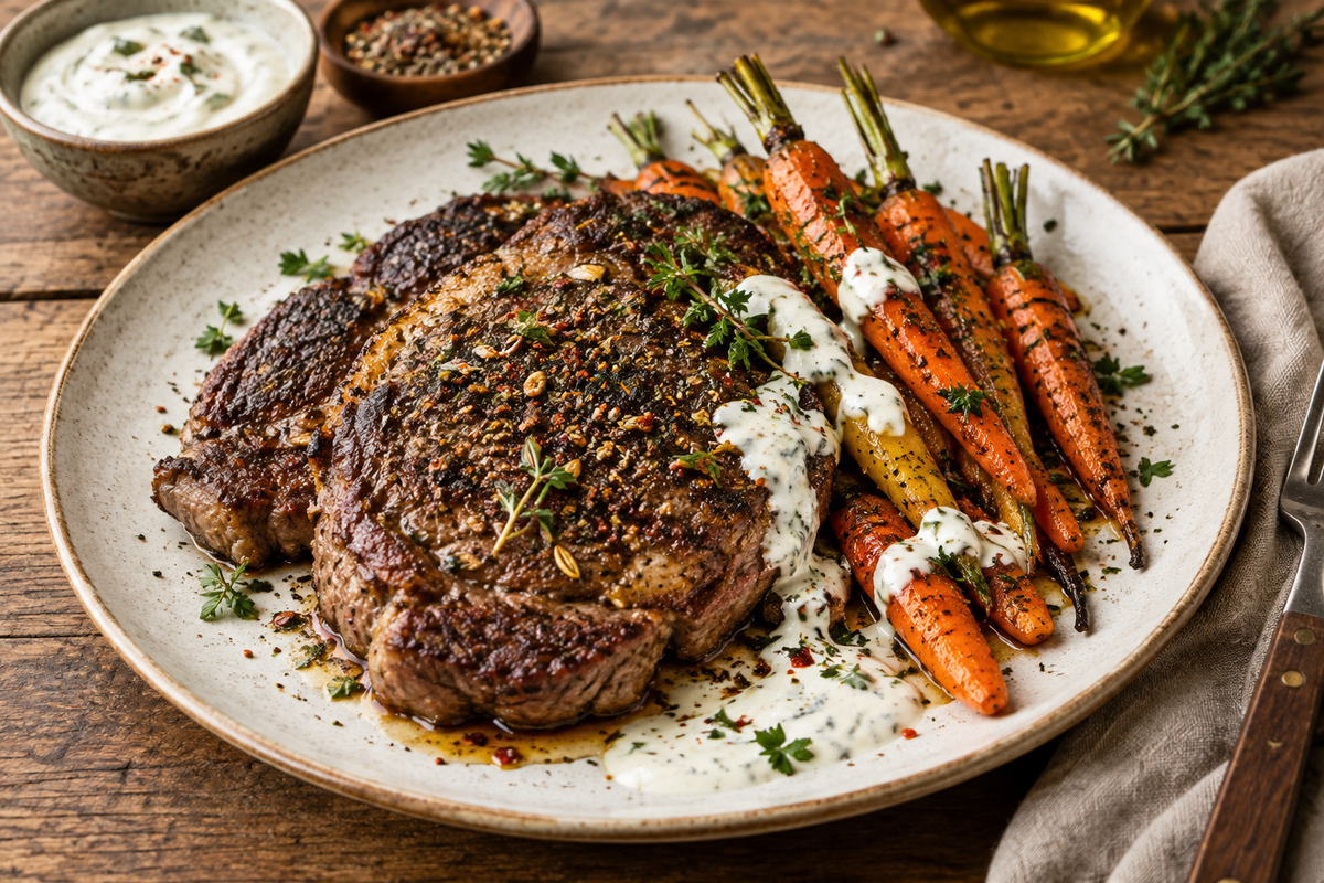 Spiced Beef Rib-Eye Cutlets with Roasted Baby Carrots & Yoghurt Dressing